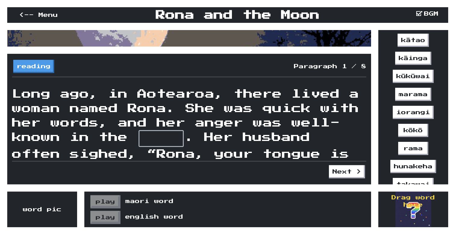 Rona and the Moon in the Story Filler application, showing a story paragraph, a vocabulary bank and audio controls.
